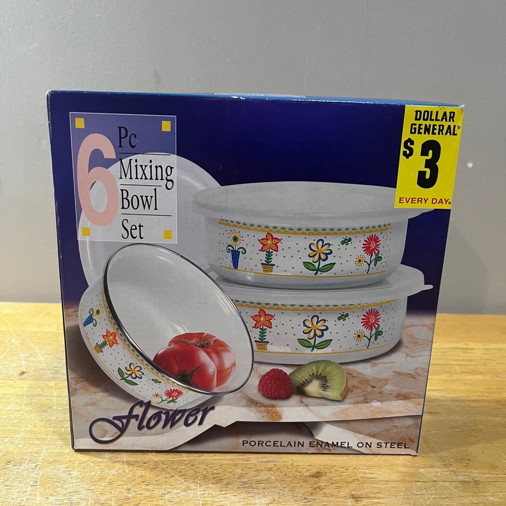 Vtg Dollar General Flower 6 Pc Mixing Bowl Set Porcelain Enamel on Steel New